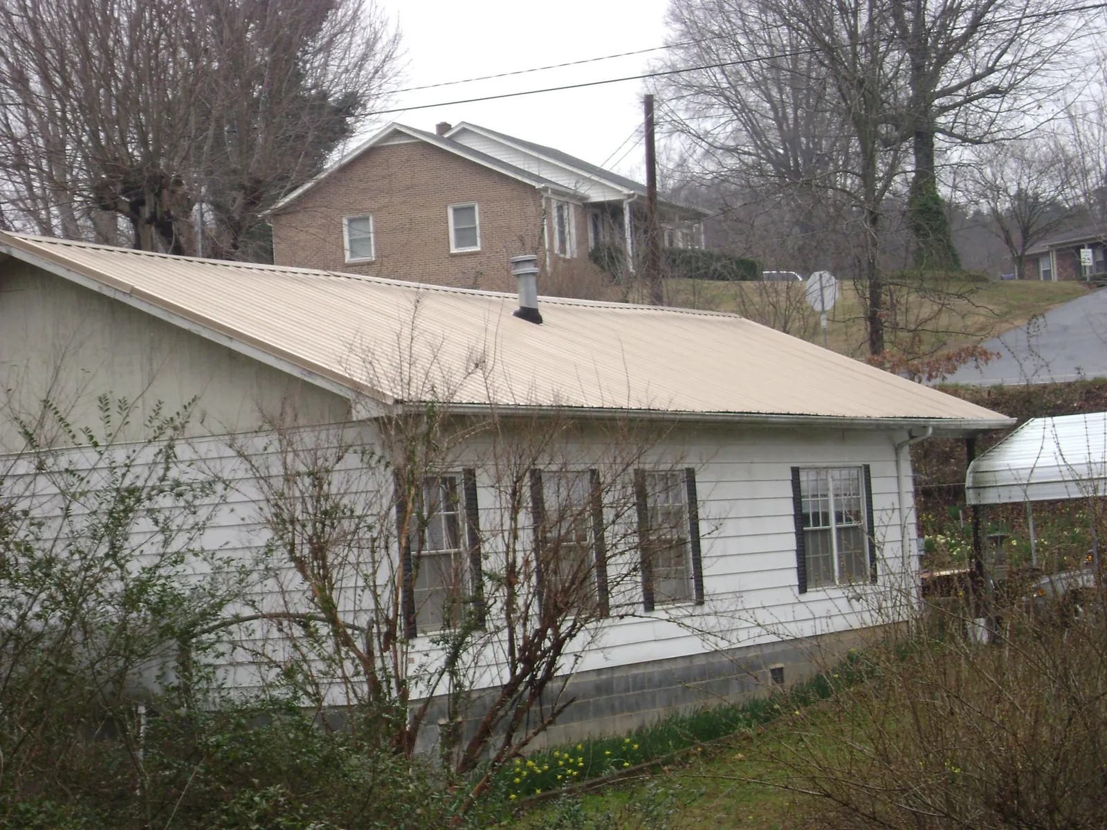 Tan metal roof on a white sided house set into a hillside — Commercial Roofing by Roofing Brothers in Wesley Chapel